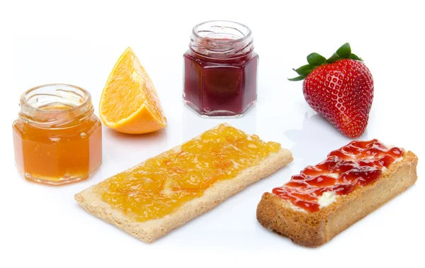 Strawberry, orange, jam and toasts — Stock Photo, Image