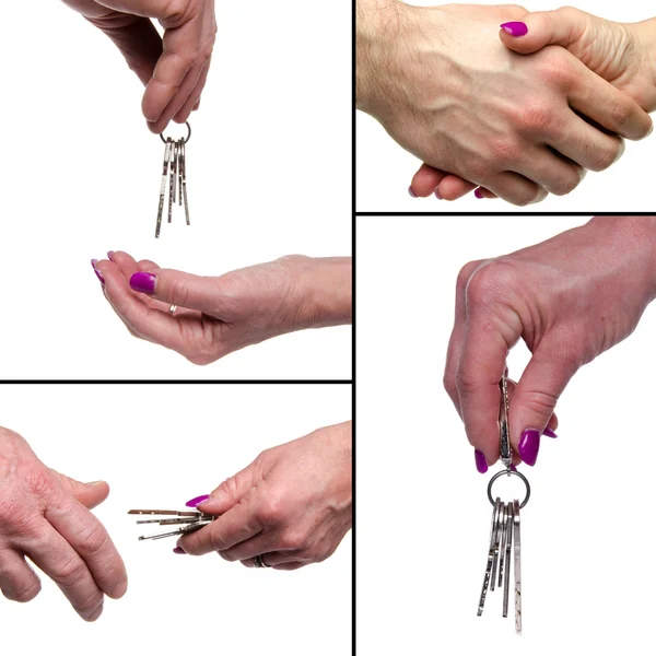 Collage with hands giving keys — Stock Photo, Image