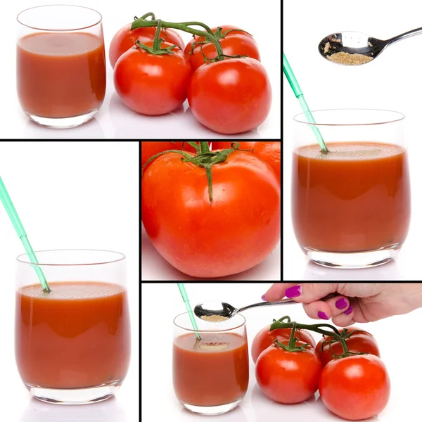 Коллаж со свежими помидорами и томатным соком — стоковое фото