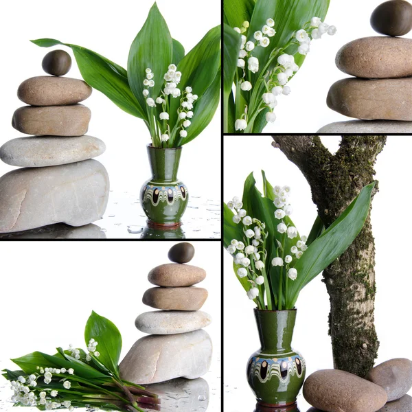 Collage with stacked pebbles and a bouquets of lilies — Stock Photo, Image