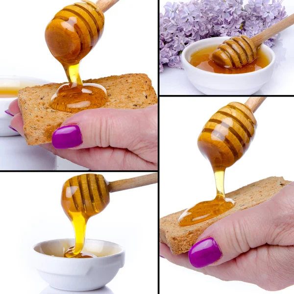 Collage with different views of honey on a wood stick — Stock Photo, Image