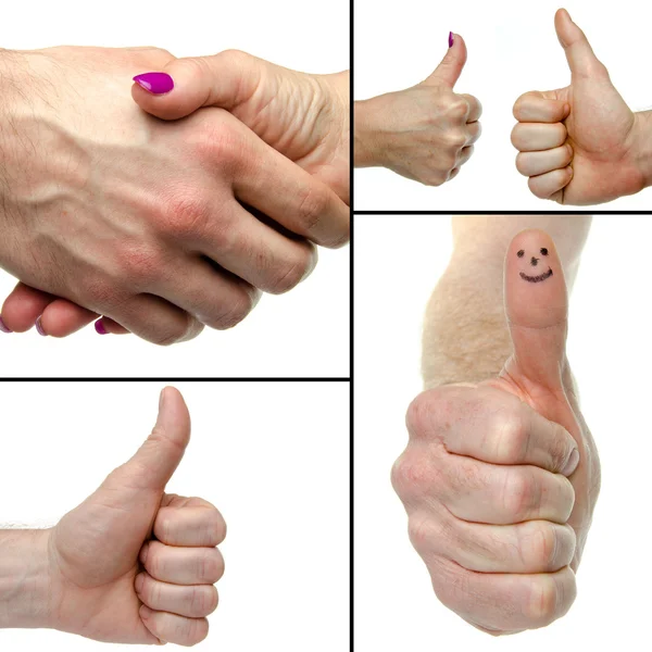 Colagem com polegares para cima e aperto de mão — Fotografia de Stock