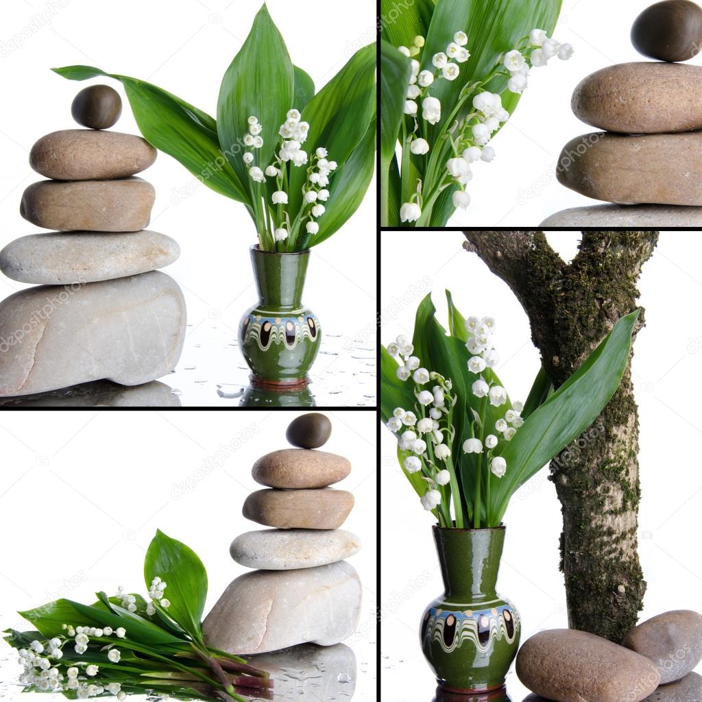 Collage with stacked pebbles and a bouquets of lilies