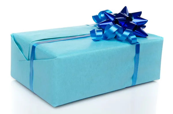 Blue gift box with a bow and a blue ribbon — Stock Photo, Image