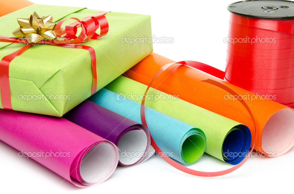 Composition of gift, paper and ribbon