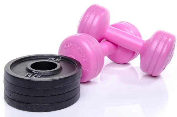 Ağırlıklar ile pembe dumbells — Stok fotoğraf