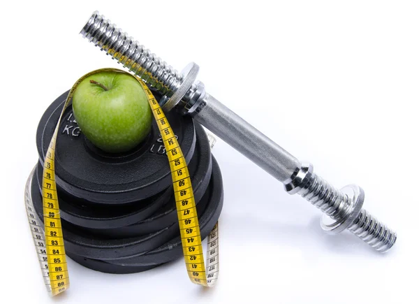 Koncepcja zdrowia, jabłko z centymetrem i wagi — Zdjęcie stockowe