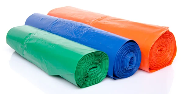 Odpadkové pytle v modré, oranžové a zelené — Stock fotografie