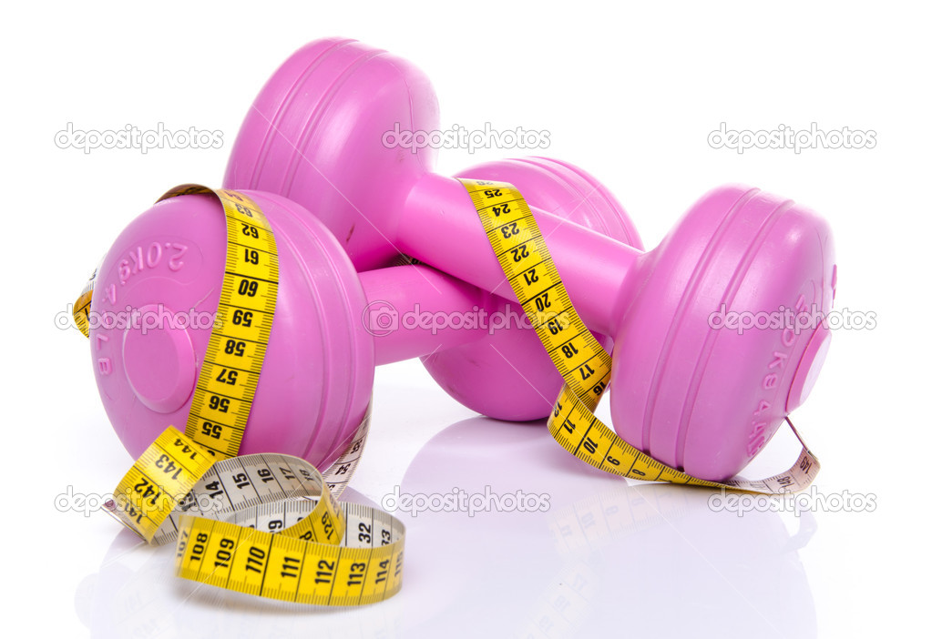 Pink dumbells with a tape measure