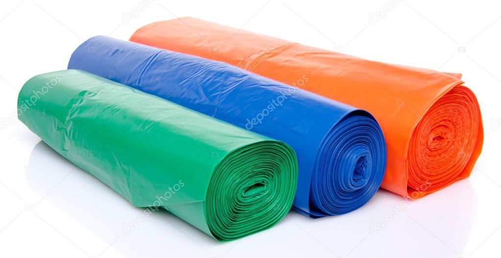 Trash bags in blue, orange and green
