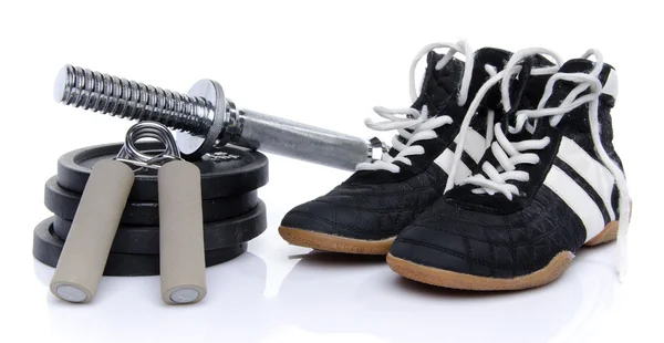 Dumbells, hand trainer and fitness shoes — Stock Photo, Image