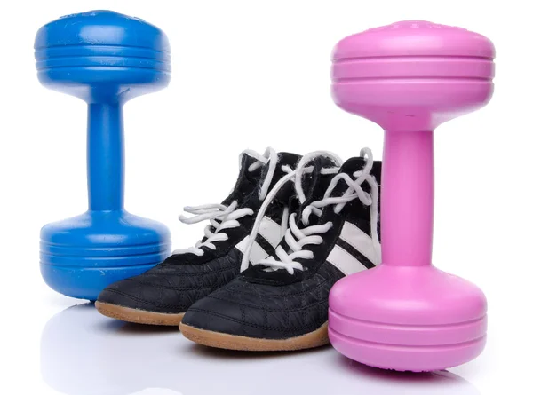 Dumbells and fitness shoes — Stock Photo, Image