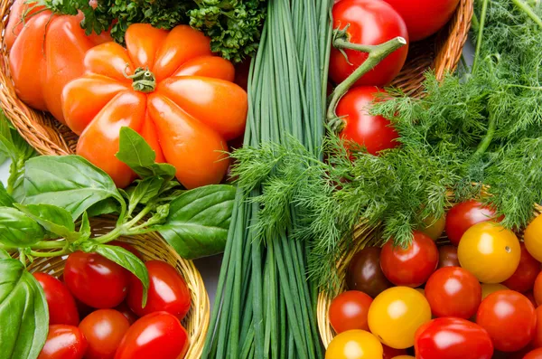 Composição de diferentes variedades de tomates com ervas — Fotografia de Stock