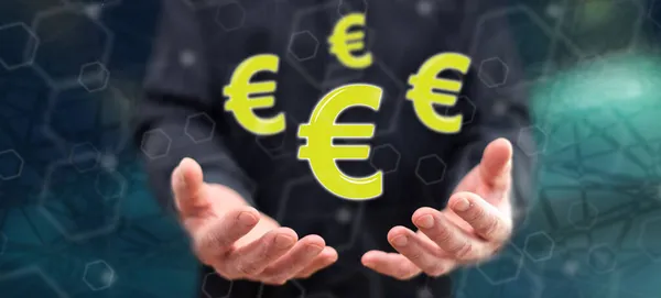 Concepto Del Euro Por Encima Las Manos Hombre Fondo — Foto de Stock
