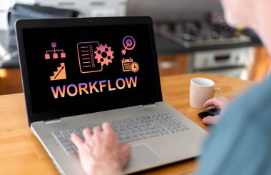 Ekranda iş akışı konsepti olan bir dizüstü bilgisayar kullanan adam