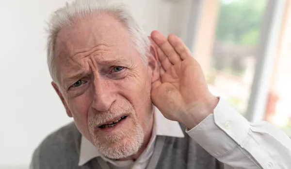 聴覚障害を持つ高齢者の肖像 — ストック写真