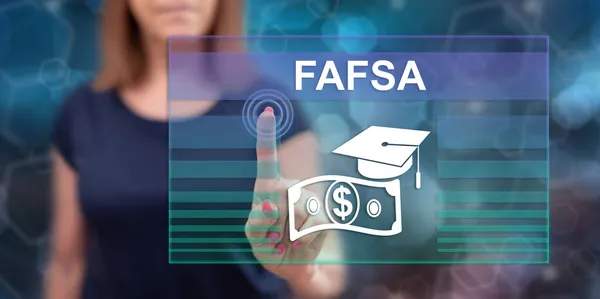 Vrouw Die Een Fafsa Concept Aanraakt Een Touchscreen Met Haar — Stockfoto