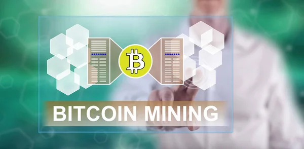 Mann Berührt Bitcoin Mining Konzept Auf Touchscreen Mit Dem Finger — Stockfoto