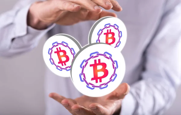 Blockchain Konzept Zwischen Den Händen Eines Mannes Hintergrund — Stockfoto