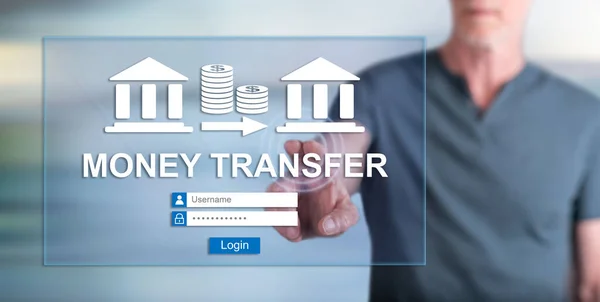 Man Touching Money Transfer Concept Touch Screen His Finger — Stock Photo, Image