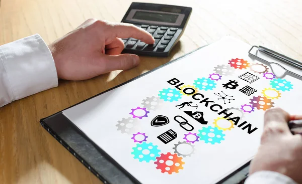 Blockchain Concept Hand Using Calculator — Stock Photo, Image