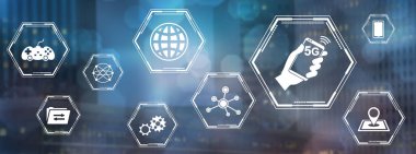 Bulanık koyu arkaplanda simgeleri olan 5g kavramı