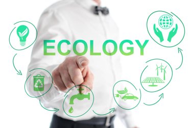 Arka planda bir adam tarafından gösterilen ekoloji kavramı