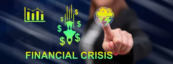Woman Touching Financial Crisis Concept Touch Screen Her Finger — Fotografia de Stock