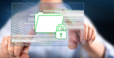 Kadın dokunmatik ekranda veri koruma kavramına parmaklarıyla dokunuyor.