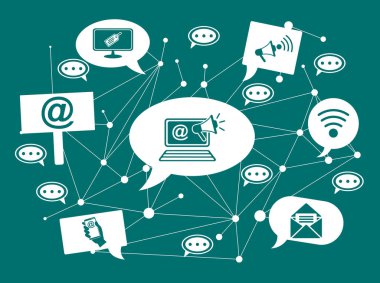 Konuşma baloncukları üzerindeki simgelerle internet pazarlama kavramı