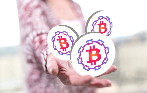 Blockchain Konzept Über Der Hand Einer Frau Hintergrund — Stockfoto