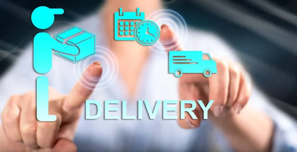 Woman Touching Delivery Concept Touch Screen Her Fingers — Stock Fotó