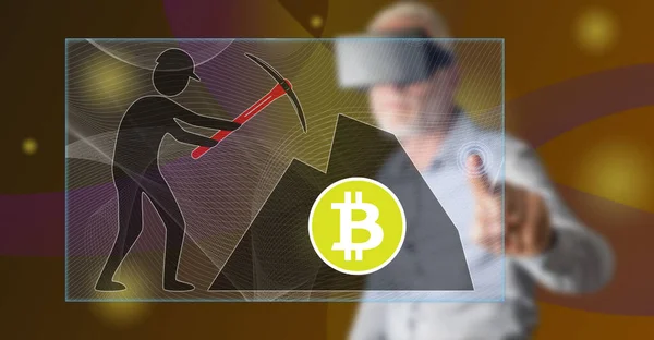 Man Headset Touching Bitcoin Mining Concept Touch Screen His Finger — Stock Photo, Image