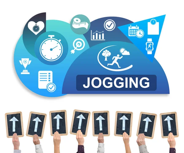 Hands Holding Writing Slates Arrows Pointing Jogging Concept — Stockfoto