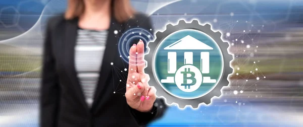 Woman Touching Bitcoin Regulation Concept Touch Screen Her Fingers — Stock Photo, Image