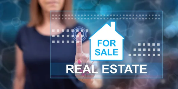 Woman Touching Real Estate Concept Touch Screen Her Finger — Stock Photo, Image