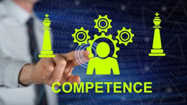 Dokunmatik ekranda becerikli bir konsepte parmağıyla dokunan adam.