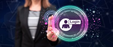 Dokunmatik ekranda parmaklarıyla giriş konseptine dokunan kadın