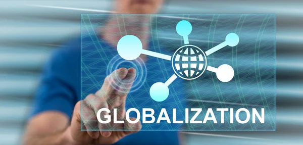 Man Die Een Globaliseringsconcept Aanraakt Een Touchscreen Met Zijn Vinger — Stockfoto