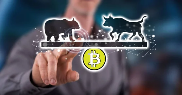 Man Aanraken Van Een Bitcoin Trend Concept Een Touch Screen — Stockfoto
