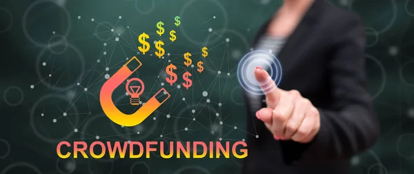 Woman Touching Crowdfunding Concept Touch Screen Her Finger — Stock Photo, Image