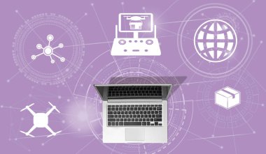 Top view of laptop with symbol of drone delivery concept