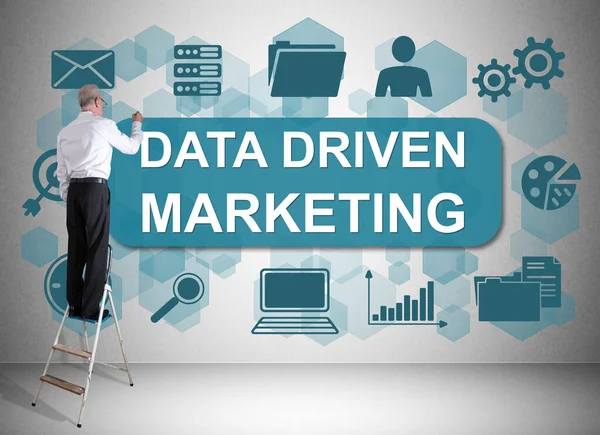 Man Ladder Drawing Data Driven Marketing Concept Wall — Foto de Stock