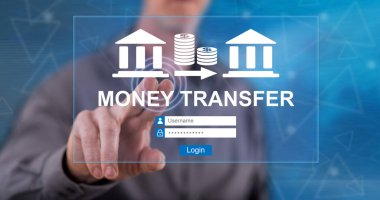 Adam dokunmatik ekranda para transferi konseptine parmağıyla dokunuyor.