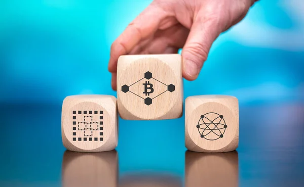 Houten Blokken Met Symbool Van Blockchain Technologie Concept Blauwe Achtergrond — Stockfoto