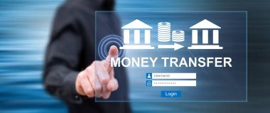 Adam dokunmatik ekranda para transferi konseptine parmağıyla dokunuyor.