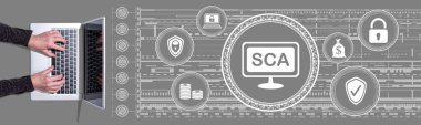 Sca kavramının sembolü olan dizüstü bilgisayar kullanan ellerin üst görünümü