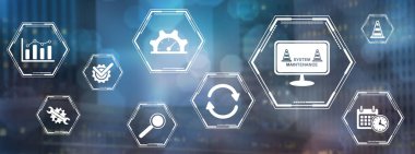 Bulanık koyu arkaplanda simgeleri olan sistem bakımı kavramı