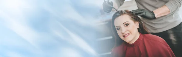 Hairdresser Coloring Female Client Hair Panoramic Banner — Stock Photo, Image