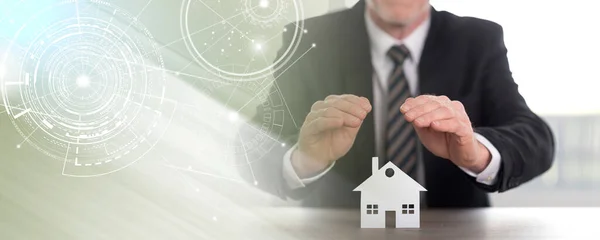 Insurer Protecting House His Hands Panoramic Banner — Stock Photo, Image